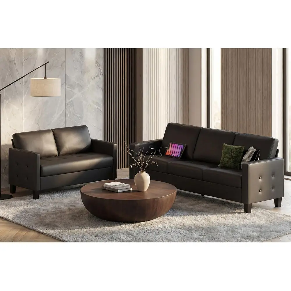 

Black Faux Leather 3 Seater Sofa and Loveseat, Modern Comfy Office Furniture Set, Small Love Seat Couch with Tufted Armrest and