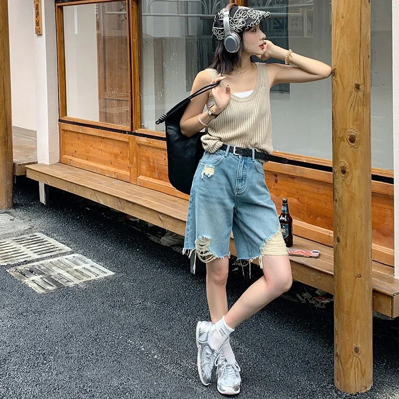 

Pop Women Vintage Hole Denim Shorts Gift Belt Hip Hop High Street Jeans Shorts Summer Baggy All Match Wide Leg Short Pants