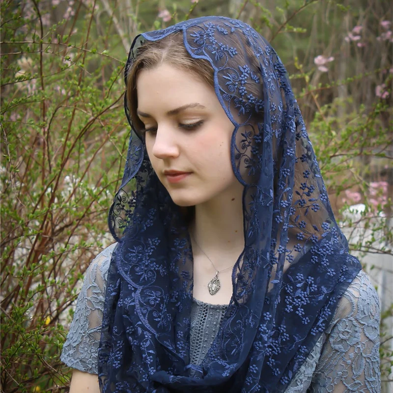 Black Navy Champagne Floral Mantilla Mass Catholic Veils Head Covering For Women Infinity Embroidered Lace Vintage Little Daisy