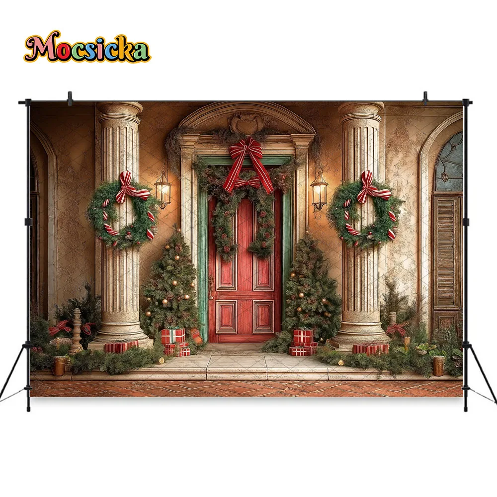 Mocsicka عيد الميلاد قصر الباب الأمامي خلفية التصوير الفوتوغرافي ليلة رأس السنة الفوانيس شجرة عيد الميلاد إكليل خلفية الشتاء طفل صور