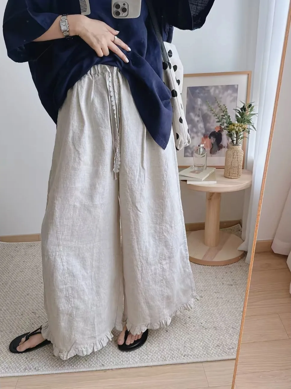 Loose Casual Lace Balloon Pants Women's High Waist Wide Leg Pants Vintage Style Nine Points Drawstring Knot Grommet Hem