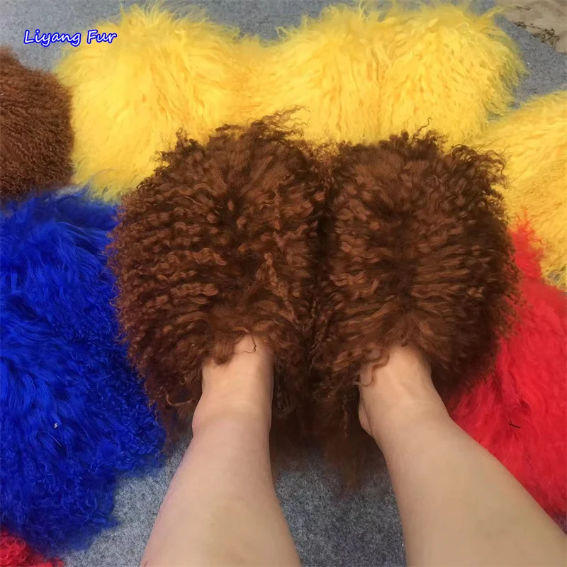 

Woman Winter Flat Shoes Luxury Fur Slippers Women Round Toe Mongolian Fur Slides