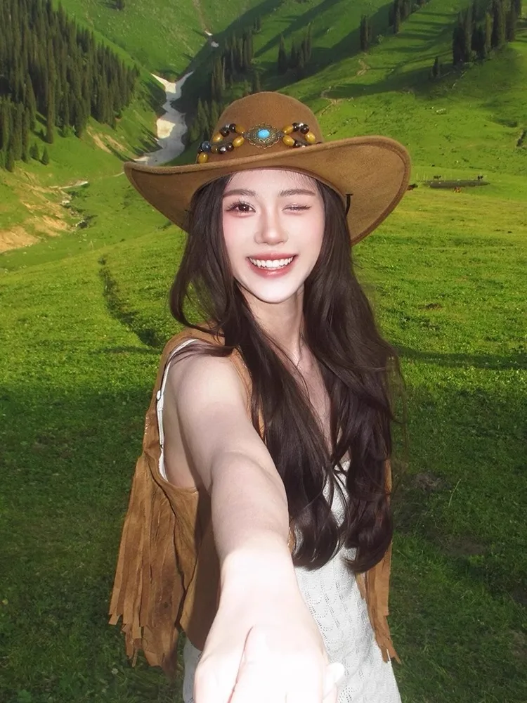 Summer Travel Women's Cowboy Hat Ethnic Style Sunscreen Cap Mountain Climbing Hat Wide Brim Casual round Top Fishing Cap