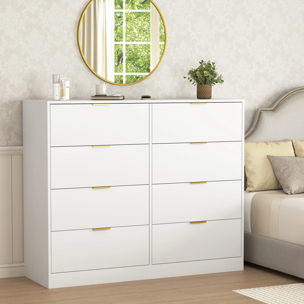 Modern 8 Drawers Double Dresser Wood Storage Cabinet Bedroom Dresser with Large Fabric Drawers, White