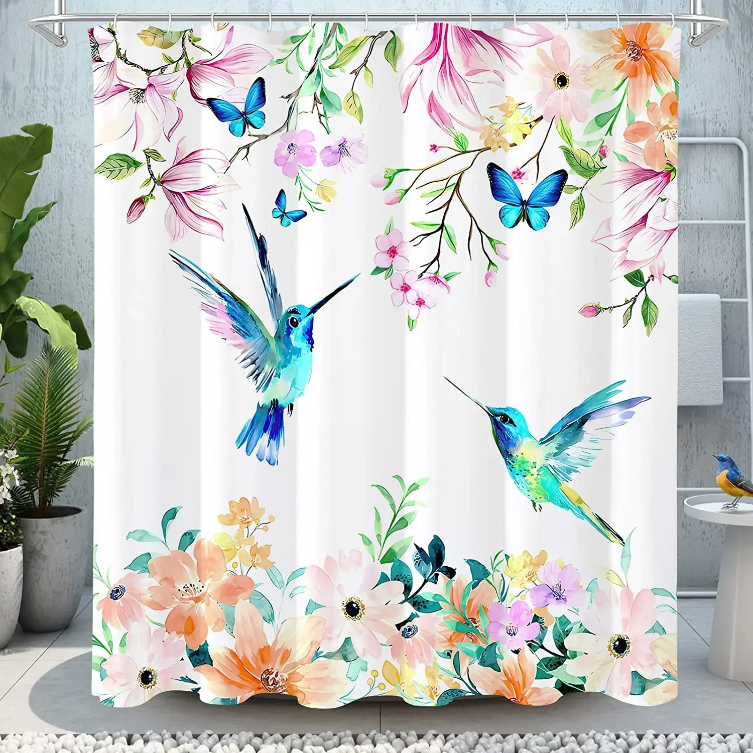 Spring Floral Hummingbird Shower Curtain for Bathroom Watercolor Flowers Birds Fabric Bath Curtains Modern Art Decor with Hooks