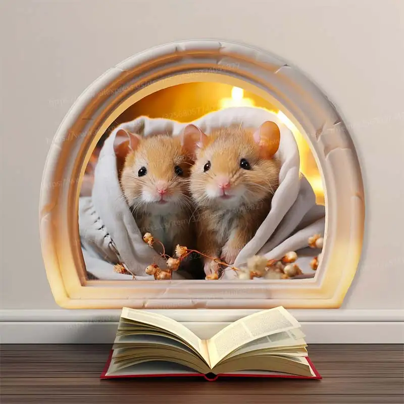 Mice Couple Dressed in Pajamas Wall Sticker, Mouse Cave Self-Adhesive Bedroom Entryway Living Room Porch Home Decoration M845