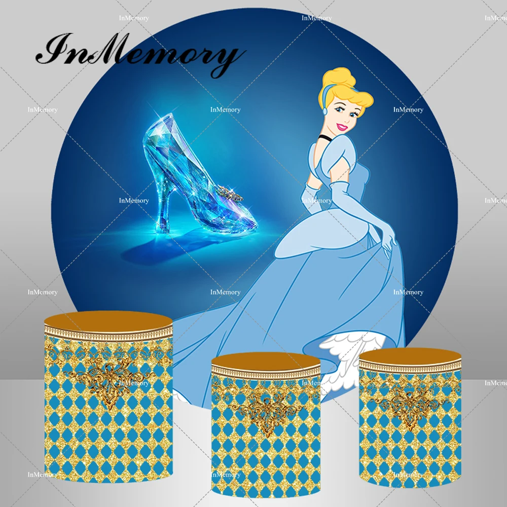 

Blue Dress Princess Cinderella Round Backdrop Cover for Girls Baby Shower Birthday Party Decor Glass Shoes Plinth Covers Custom