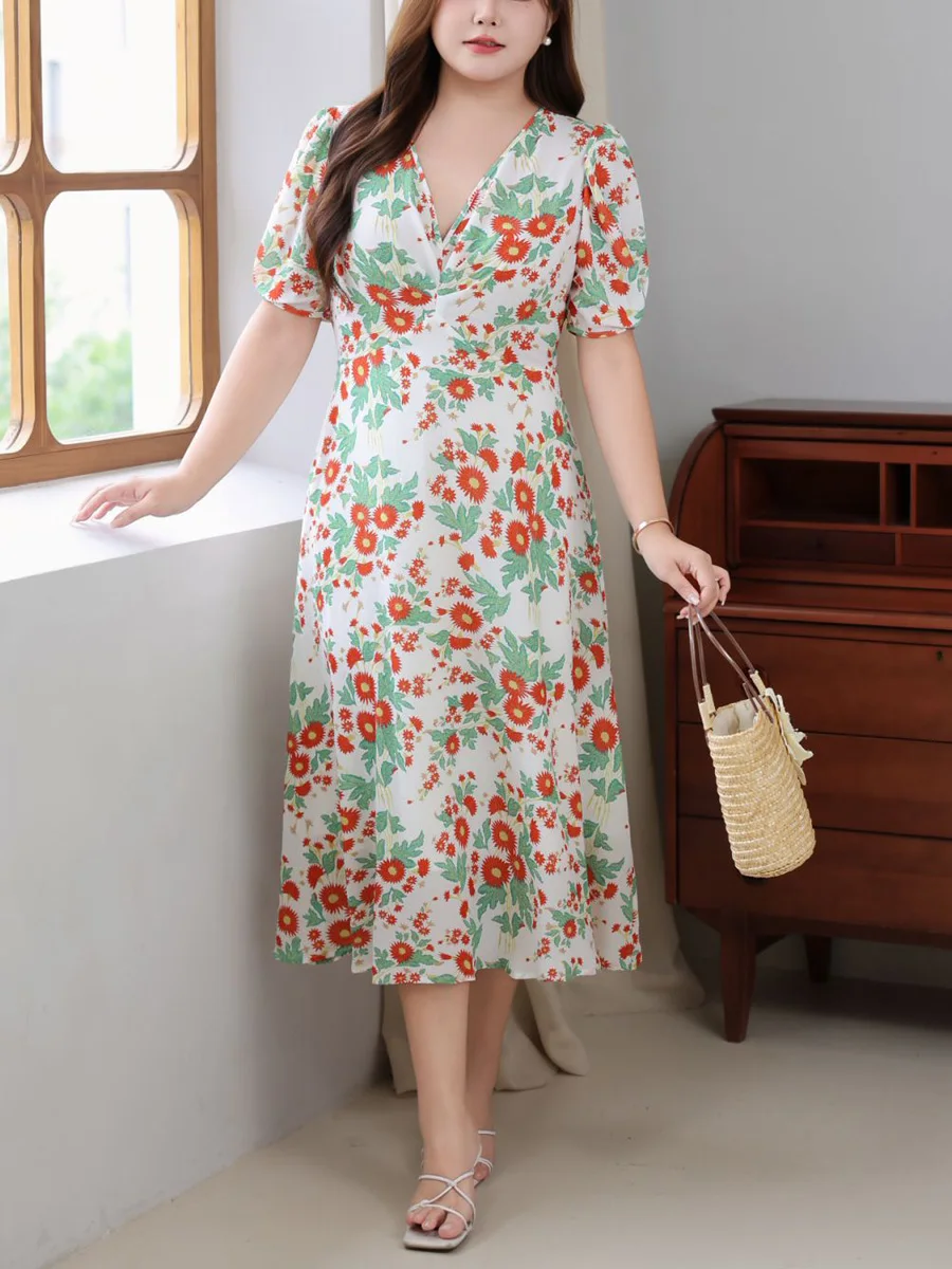 

Платье-миди трапециевидной формы с v-образным вырезом и завязкой на талии, женское летнее платье премиум-класса для французских каникул, оранжево-зеленое платье с цветочным принтом