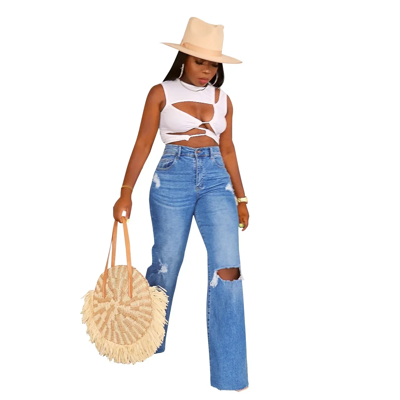 

Women Jeans Ankle Length Holes Loose Flat Straight Pants Zipper Fly Pockets Solid Color High Street Slight Strech Denim