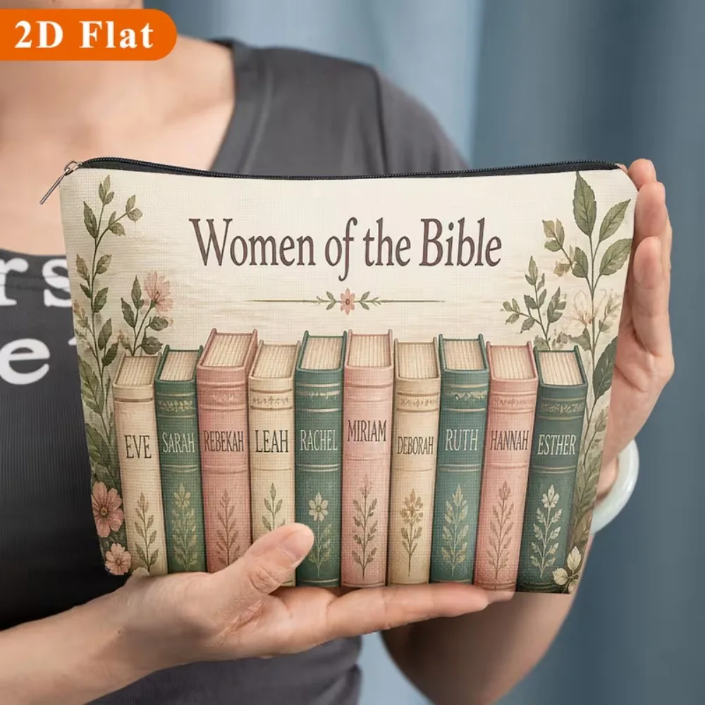 Women of the Bible Vintage Floral Book Canvas Makeup Bag Christian Inspirational Cosmetic Pouch Portable Religious Women Gift