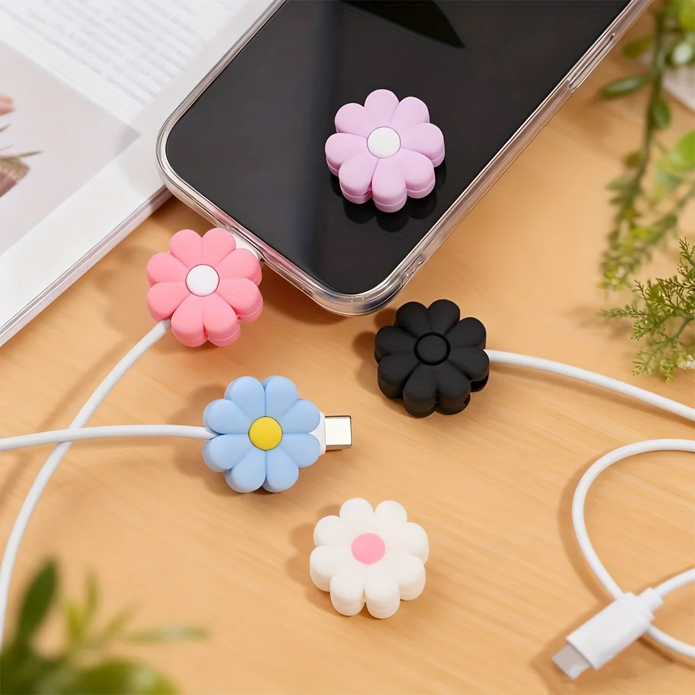 5/10pcs Flower Data Cable Header Protective Cover | Silicone Charging Wire Protector, Suitable for iPhone Type-C Charging Cable