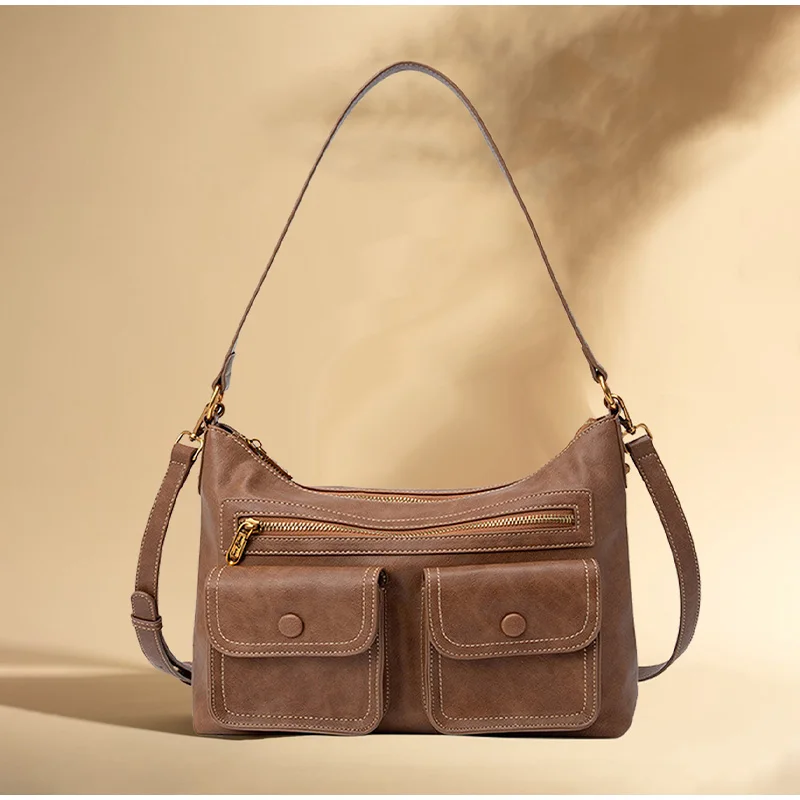 

High-end Shoulder Bag Fashionable Doublepocket Largecapacity Handbag Versatile Cool Brown Women Commuting Underarm Crossbody Bag