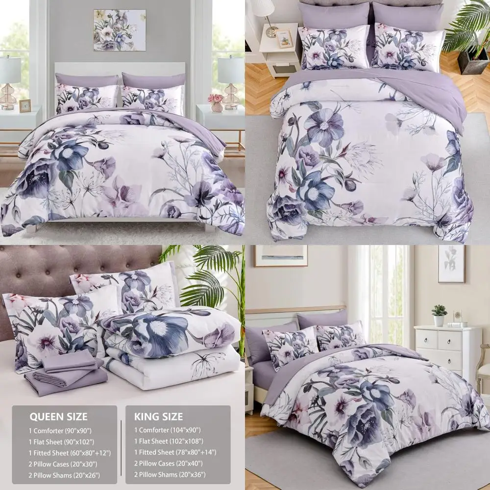 

Queen Size 7-Piece Floral Comforter Set with Sheet, Elegant Microfiber Bedding for All Seasons, 90x90