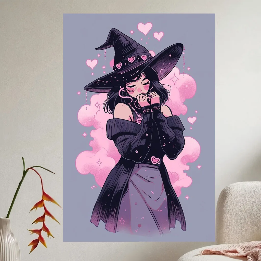 Pastel Goth Witch Girl Tapestry Sweet Pink Heart Magic Wall Hanging Art for Dorm Bedroom Halloween Aesthetic Room Home Decor