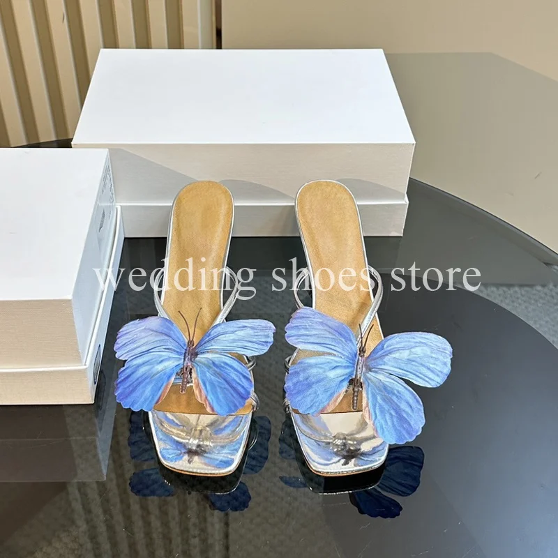 

Hand-made Butterfly Open-toed Slippers Women High-Heeled Sandals Square Toe Stiletto Heels Luxury Wedding Party Woman Sandals