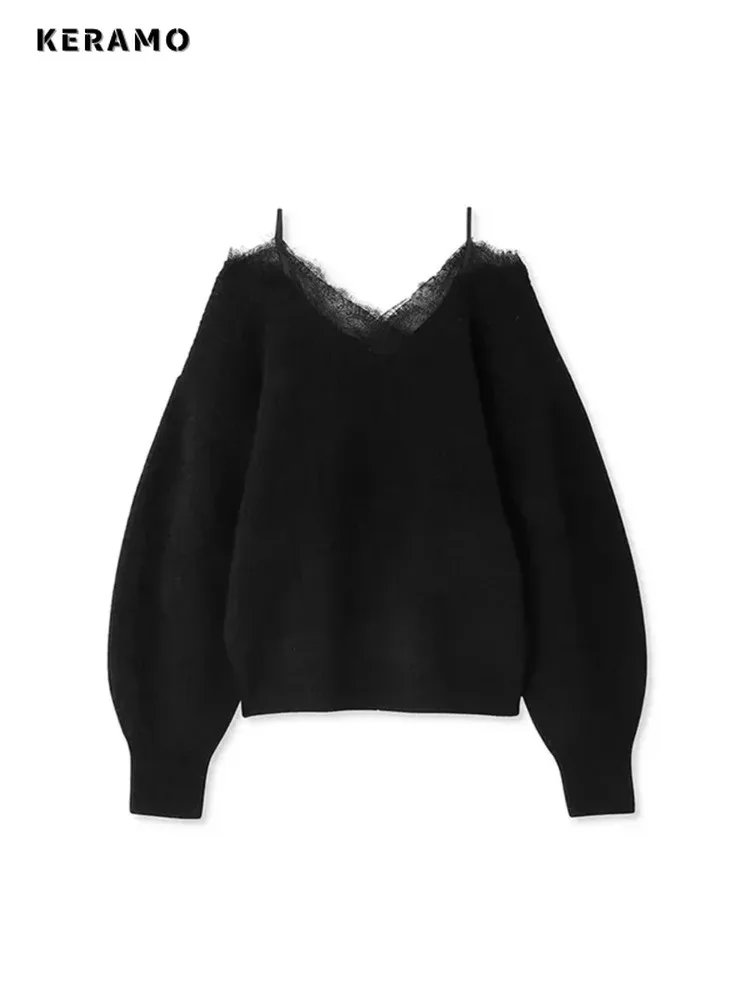 2025 inverno elegante sexy com decote em v tricô manga longa gyaru pullovers feminino coquette rendas retalhos bainha senhoras camisola branca