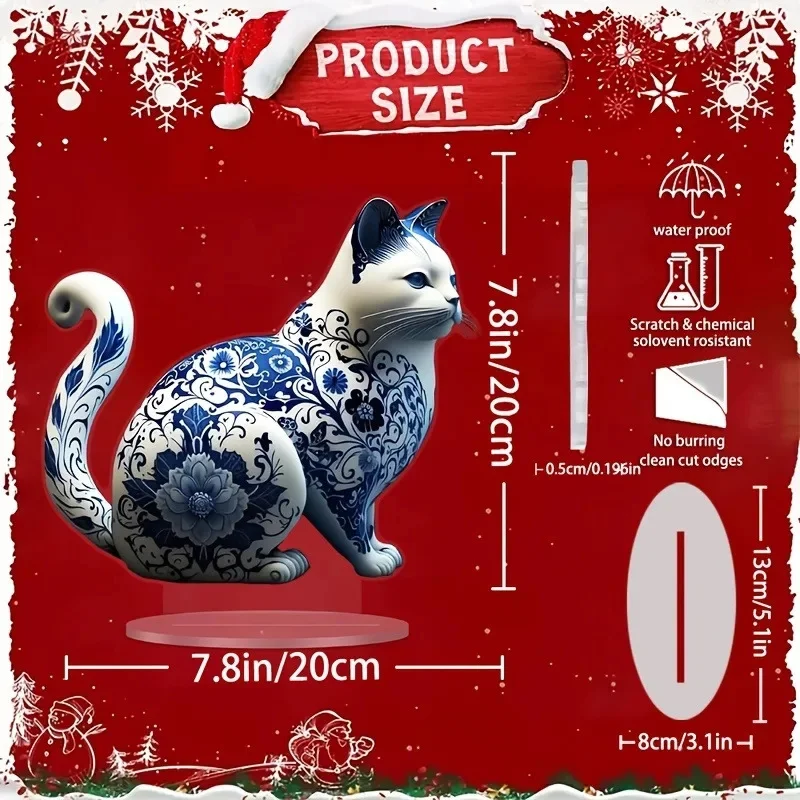 

Porcelain Cat Ornament Fashionable Blue White Cat Ornament With Acrylic Bracket Waterproof Multi Functional Home Office Cafe New