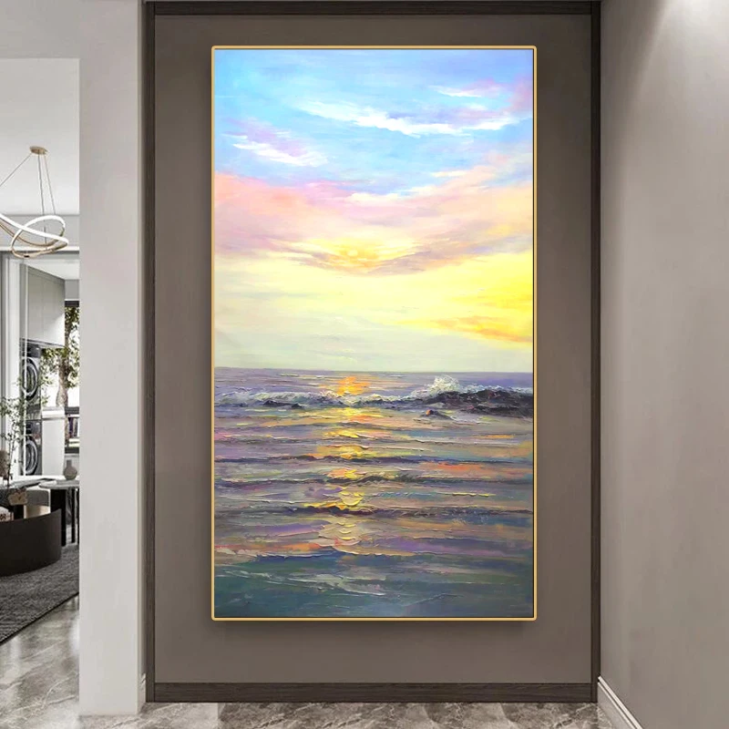 Beautiful Knife Oil Painting Seascape Ocean Picture Sunrise Sunset Handpainted Painting Canvas Art Modern Landscape Wall Decor