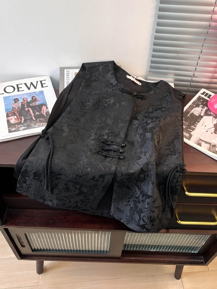 

Новый китайский жилет Sle Bla, женский весенний топ с тяжелой вышивкой на пуговицах, круглый топ Ne, приятный для поездок на работу, стандартная длина