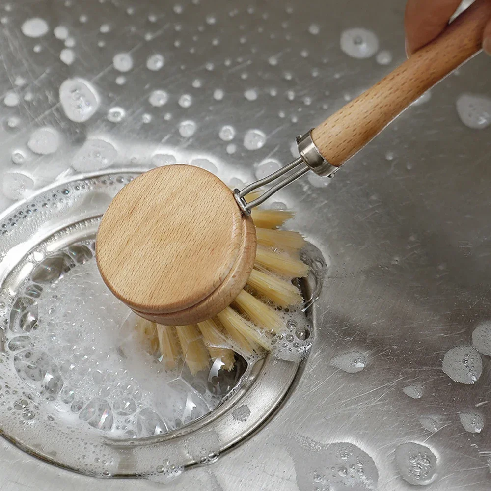 

Replaceable Dish Brush Long Wooden Handle Household Cleaning Brush Useful Things for Kitchen Cleaning Tool