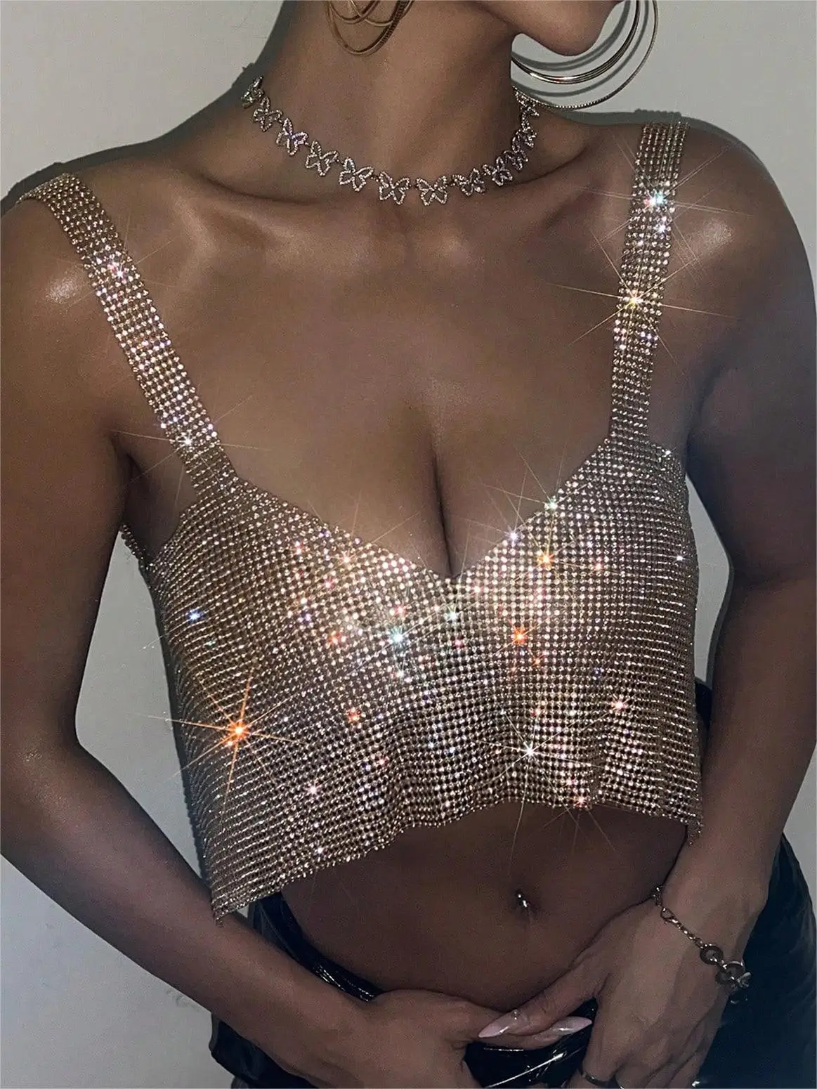 Bling Rhinestones Party Crop Top For Women Fashion V Neck Full Diamonds Sequins Camisole Cropped Top Rave Festival Outfits