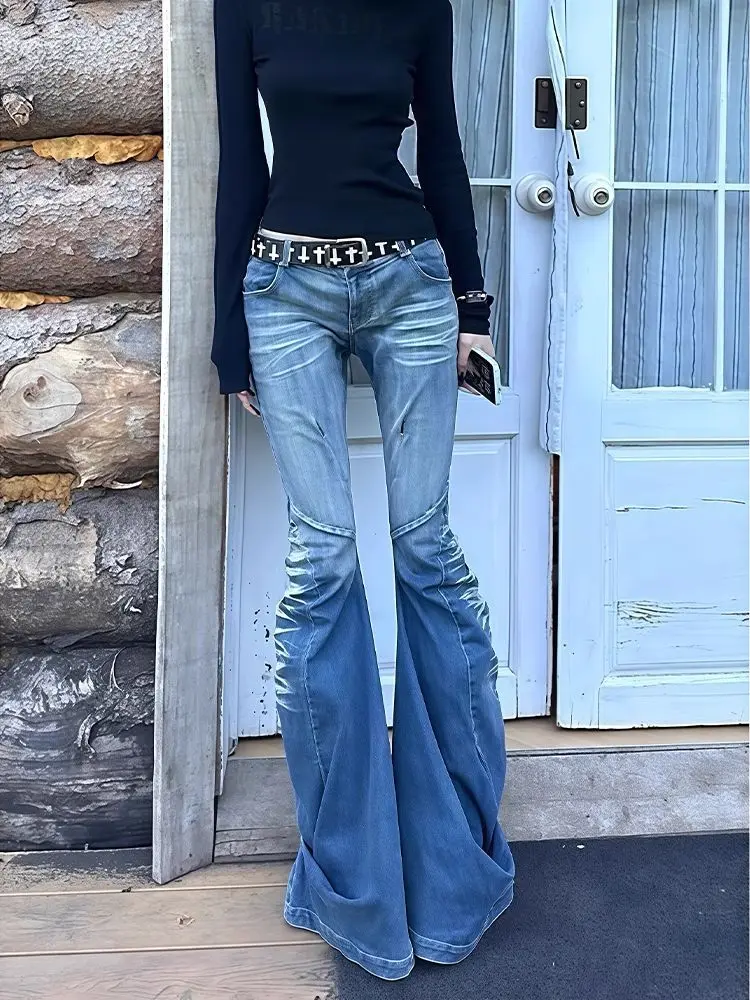 

Женские винтажные синие расклешенные джинсы, джинсовые брюки, осень 2024, уличная одежда в американском стиле ретро 2000-х годов, брюки-клеш Y2k, узкие брюки в стиле Харадзюку