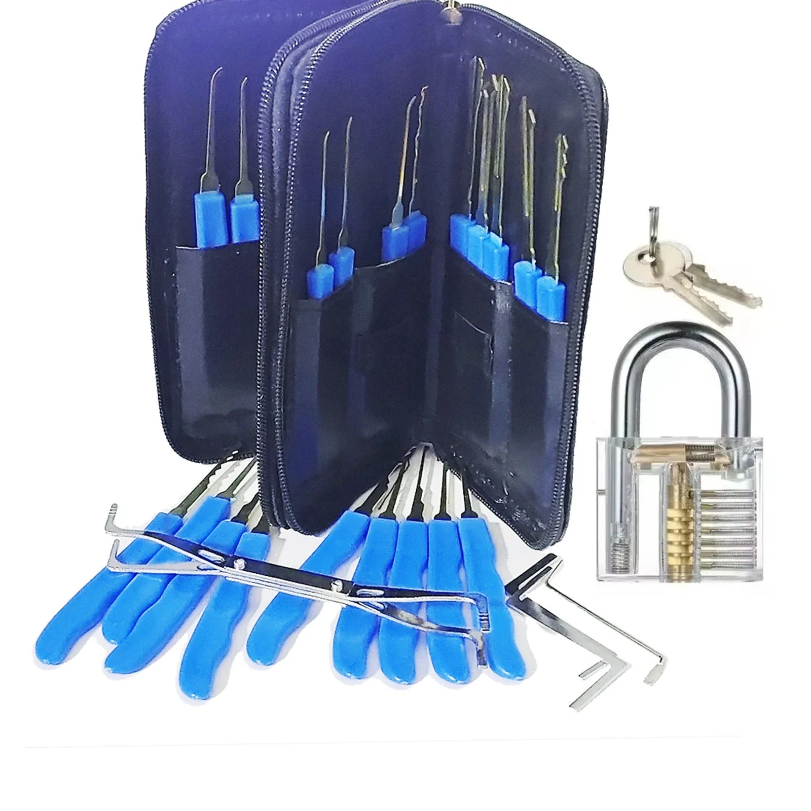 24pcs Grey/blue Handle Locksmith Tool Kit with Transparent Lock Sets for Beginner Practice Locksmith Training Remove Pick Tool