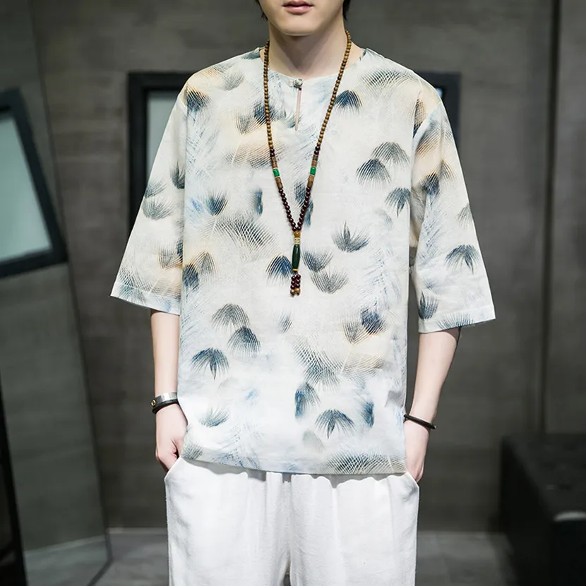 

Loose Men's T-irt Summer Five-Quarter Sve Retro Chinese Sle ort Sve Printed Cool Feeling Thin Material round Ne