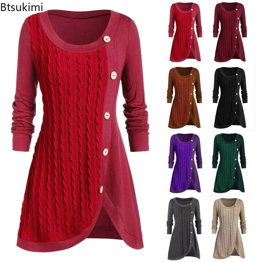 

Women Autumn Winter Pullovers Long Sleeve Solid Color Sweater Buttons Decor Irregular Stitching Twist Knitted Sweater Streetwear