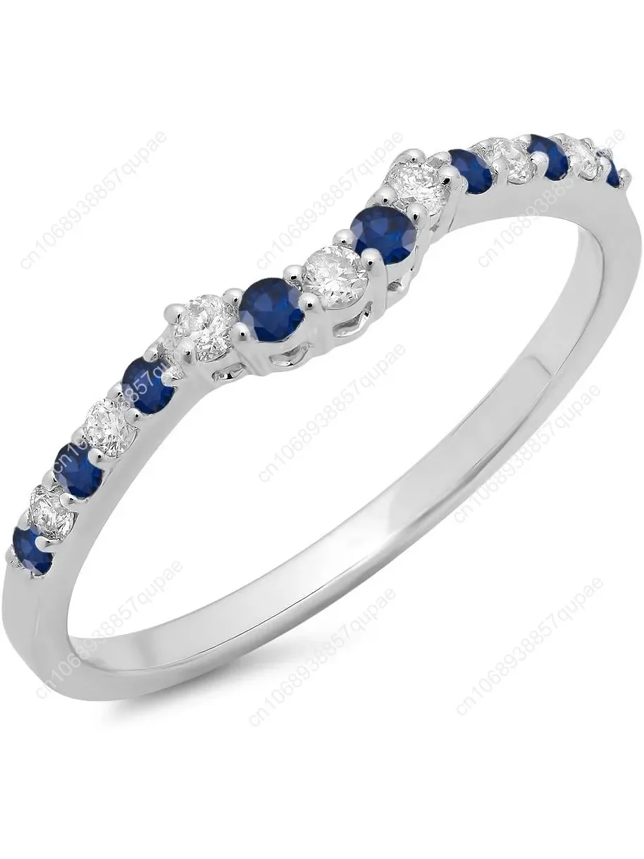 

0.30 Carat (Ctw) 14K White Gold Plated Round Blue Sapphire & White Diamond Ladies Contour Anniversary Wedding Stackable Band Gua