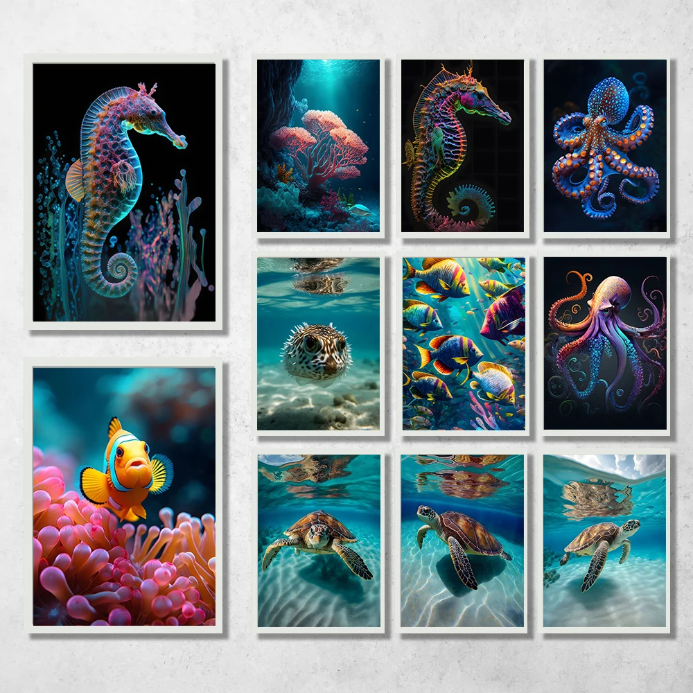 Ocean Life Sea Turtle Octopus Poster Canvas Poster Real Photos of Sea Life Wall Decor Aesthetic Prints Watercolors Octopus Decor