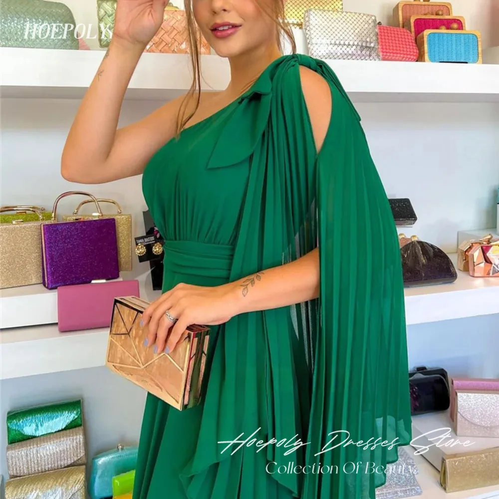 Hoepoly Prom Jurken Cape Mouwen Arabische Vrouwen Plsu Maat Feest Een Schouder Chiffon Groene Vrouwen Formele Gelegenheid Avondjurken