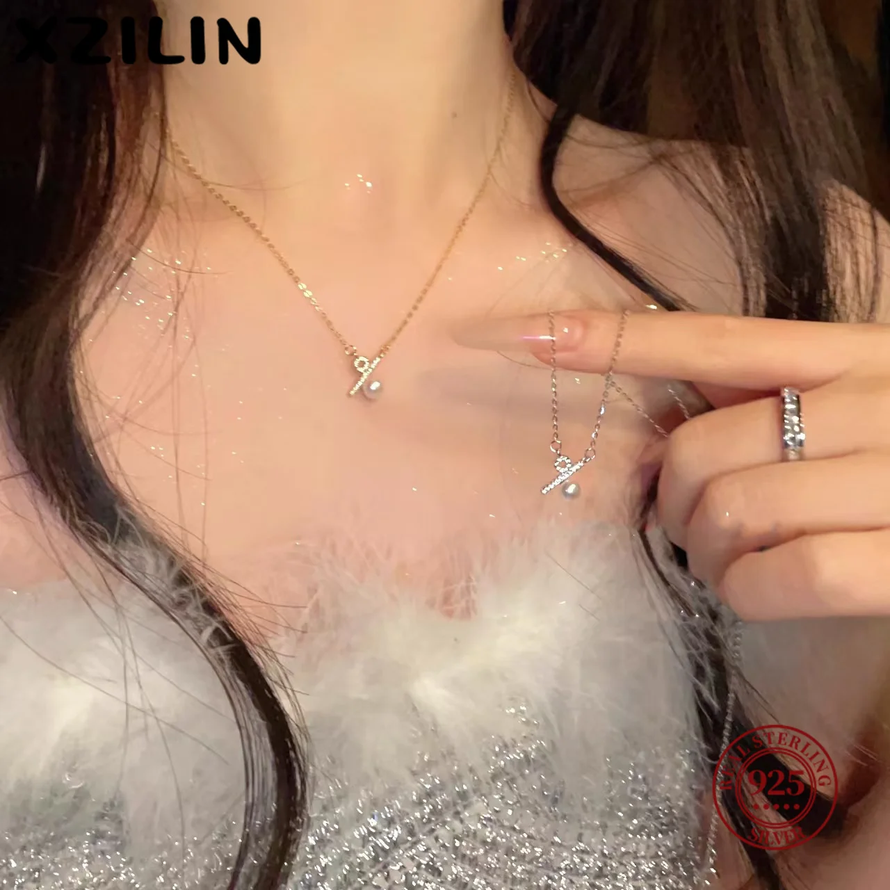 

XZiLin love S925 sterling silver percentage symbol necklace female special-interest Design shell pearls short pearl necklace