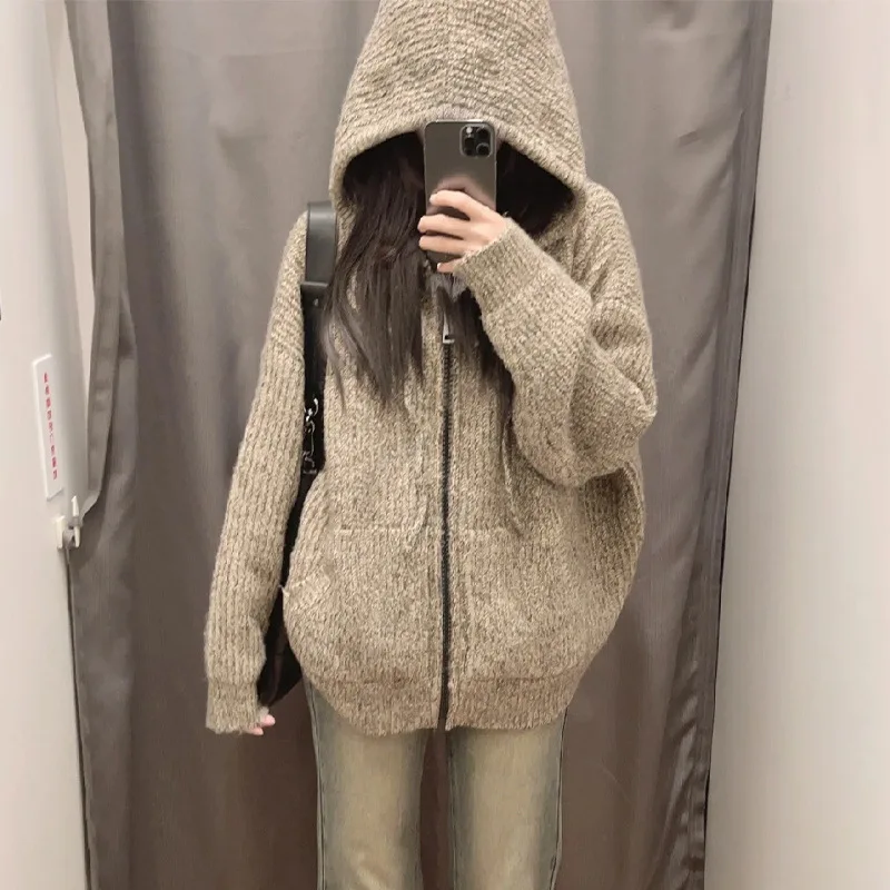 Autumn New Korean Retro Knitted Women's Oversized Hoodie Sweatshirts Winter Thick Warm Loose Zip Up Hoodie Coat for Women Y2k
