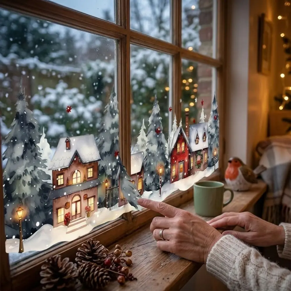 Watercolor Style Christmas Village Window Stickers 2D Flat Pattern Static Adhesive Snowy Town Window Cling PVC Vivid Color