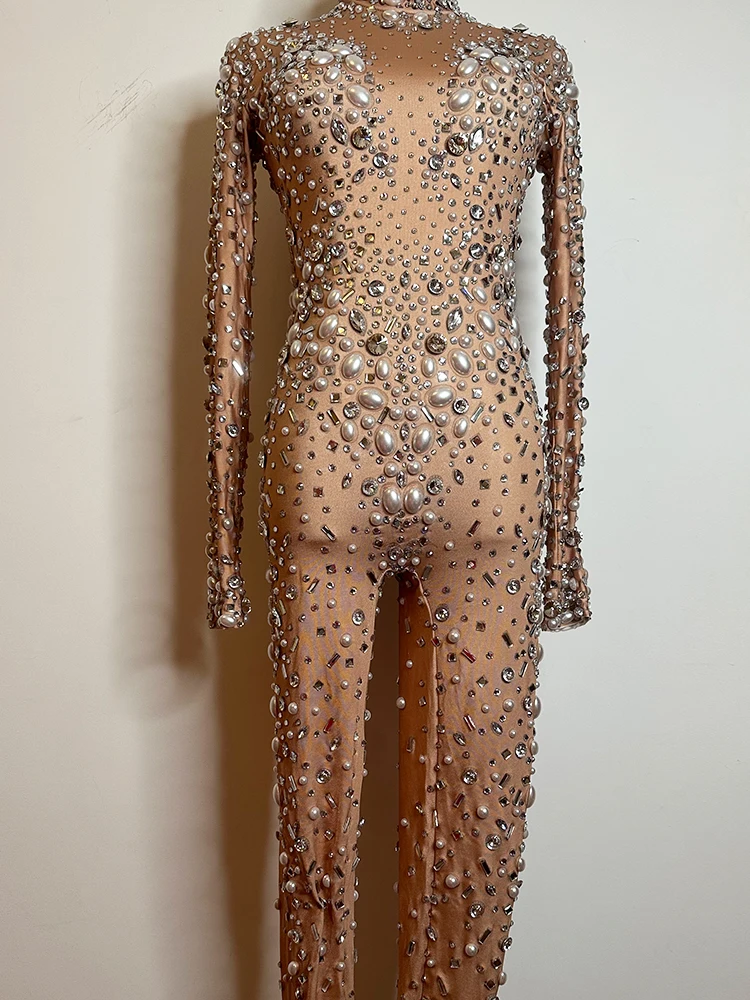Mono Sexy de malla con diamantes para mujer, traje de actuación, Body ajustado para fiesta y Club, ropa transparente para escenario de baile con diamantes de imitación y perlas