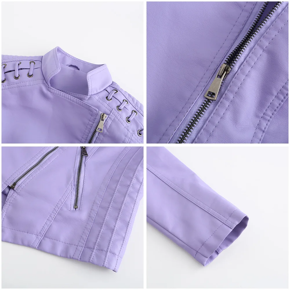 جديد ربيع وخريف 2023 سترة جلدية نسائية قصيرة ضيقة معطف جلد رقيق بدلة دراجة نارية #2