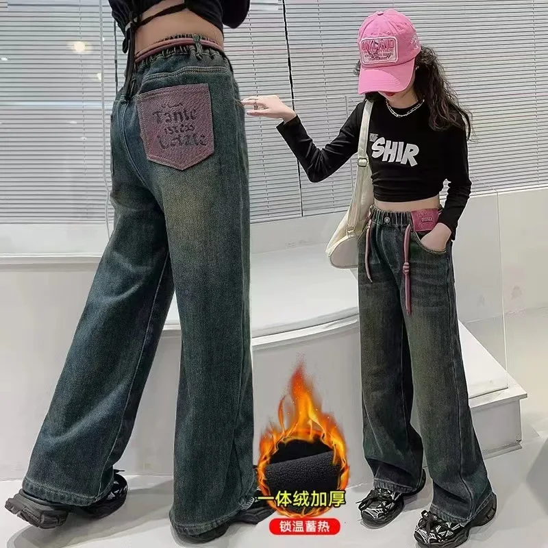 

Spring Autumn Style Kid Children Straight Fit Vintage Blue Jeans Trousers for Teenager Girls Casual Drawstring Denim Pants 5-14Y