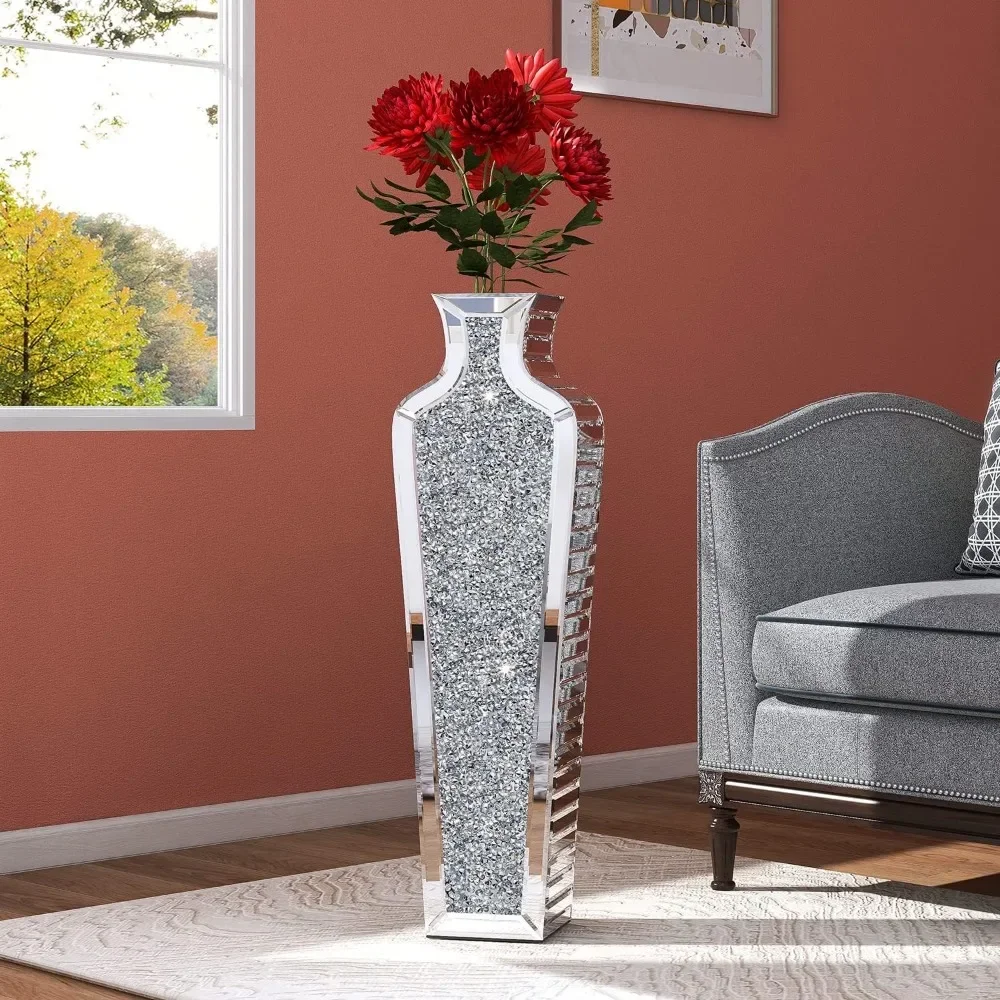 

Crushed Diamond Floor Vase Large Silver Mirror Vases for Decor Living Room, Luxury Container for Dried Flower Arrangements Decor