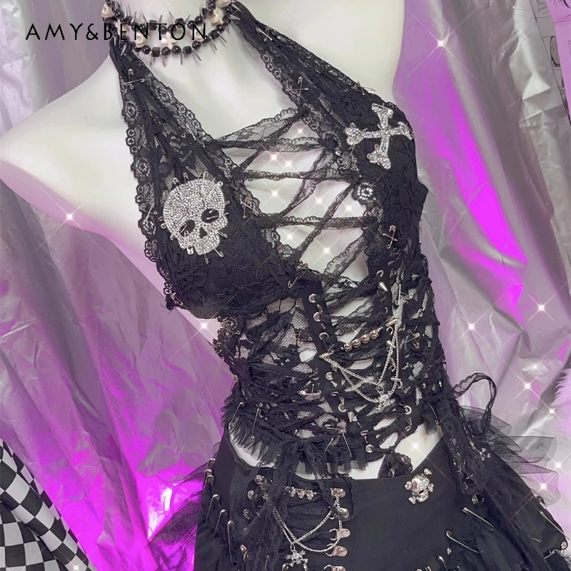 

Готическая темная Y2K, женская одежда для горячих девушек, европейско-американская сексуальная панк-субкультура со стразами, кружевной жилет с лямкой на шее, женский жилет