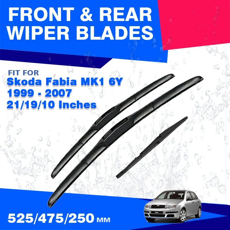 For Skoda Fabia MK1 6Y 1999 - 2007 Car Front Rear Windshield Wiper Blades Windscreen Window J HOOK Arms Durable Brushes Rubber