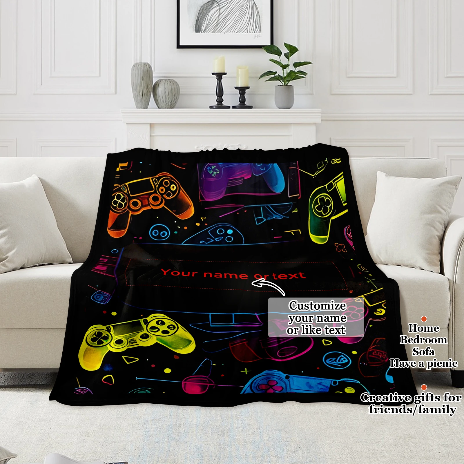 

Personalized Gaming Binge Blanket with Text Neon Style Gifts for Gaming Loving Friends Family Sofa Bedroom Gaming Room Available