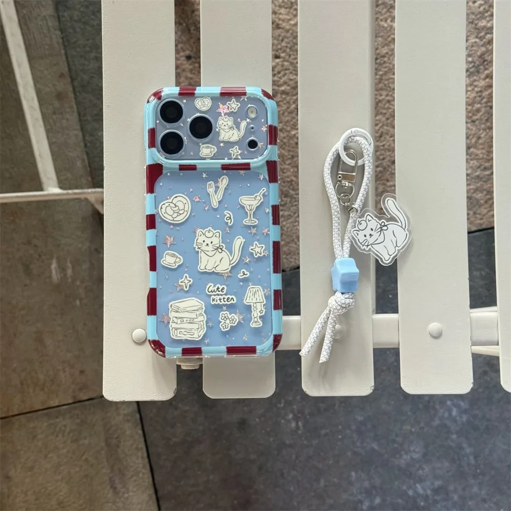 Cute Hand Drawn Line Kitten Phone Case Blue Red Stripe With White Glitter Wrist Lanyard For iPhone 18 17 16 15 Pro Max Korea