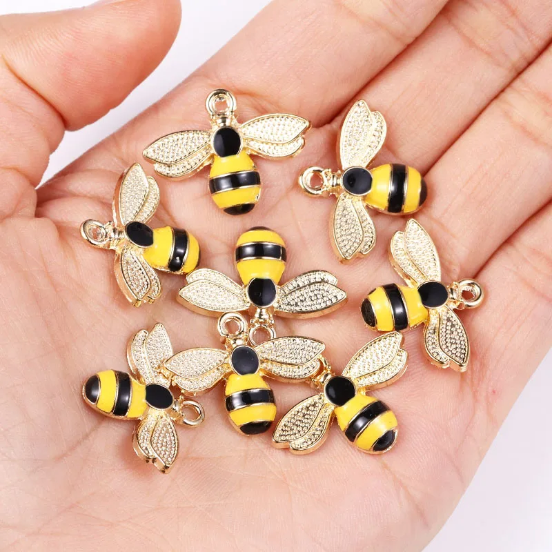 10Pcs 22*17mm Gold Colour Alloy Enamel Bee Pendant Oil Dripping Animal Charms for Jewelry Making DIY Necklace Earrings Accessory