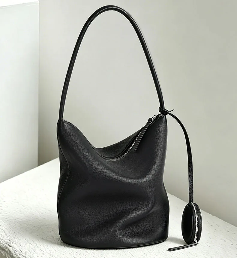 Large-capacity cowhide handbag tote bag high-quality genuine leather bucket bag vintage commuting shopping women shoulder bag