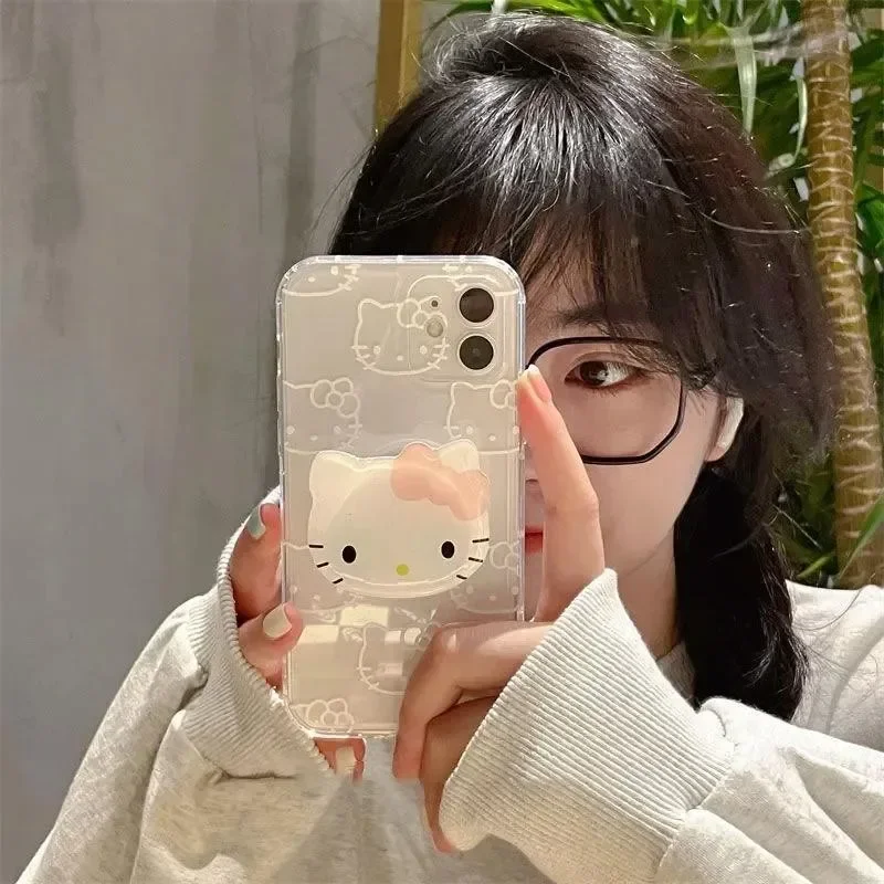 Hello Kitty Kuromi Grip Tok Holder Case For iPhone 15 Pro Max 14 11 12 13 Mini XR XS 7 8 6 6S Plus SE Silicone Transparent Cover