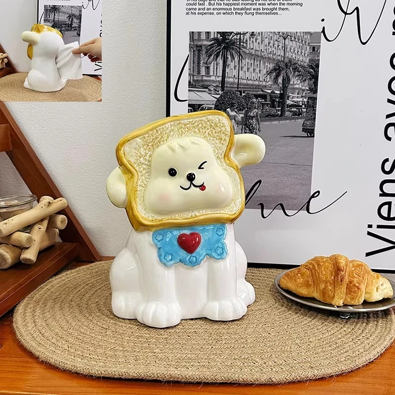 Cute Toast Puppy Ceramic Tissue Box,Home Desktop Paper Box,Living Room Entrance Children's Room Decoration,Girl's Birthday Gift