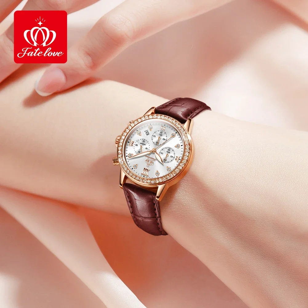 Fate Love 881 Luxury Quartz Watch For Women Waterproof Luminous Leather Strap Wristwatches Chronograph Original Women's Watches