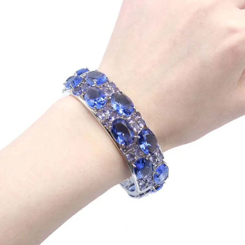 24x20mm Eye Catching 51.2g Big Size Pink Kunzite Blue Aquamarine Violet Tanzanite Iolite Silver Bangle Bracelet 7.5inch