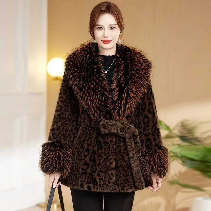 

Luxury Brand Fur Collar Winter Womens Fur Coat Faux Mink Coat Warm Eco-Friendly Belt Fleece Jacket High Quality Long Sleeve Top